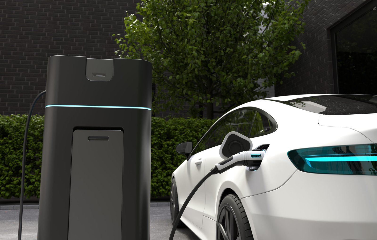 Electric car charging at home, Clean energy filling technology. Home ev charger installation